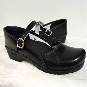 BJORK  Swedish Black Cabrio Leather Mary Jane Marcella Comfort Clogs SZ 38 7-7.5